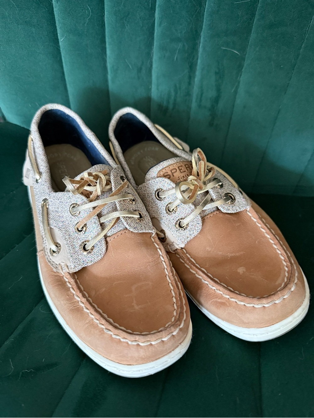 Sperry Tan Leather and Metallic Gold-Trim Boat Shoes
